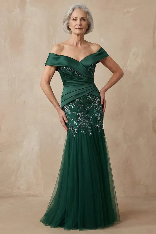 Dark Green Mermaid Off The Shoulder Long Mother of the Bride Dress with Sequins sold by Zapaka