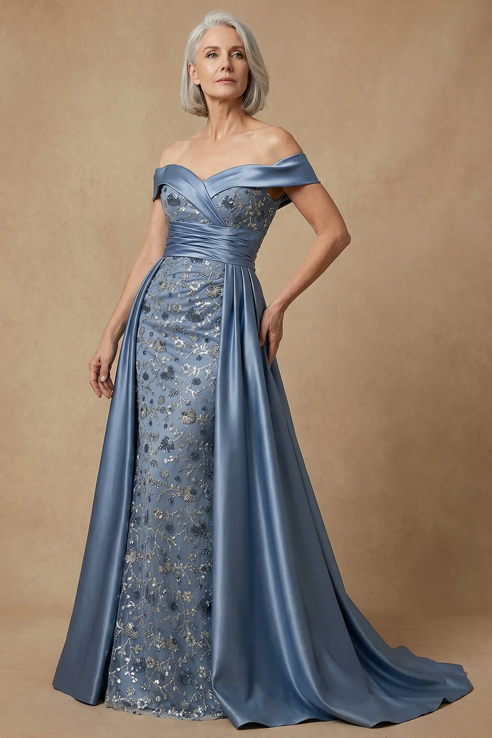 Off The Shoulder Beaded Dusty Blue Sequin Long Mother of the Bride Dress sold by Zapaka