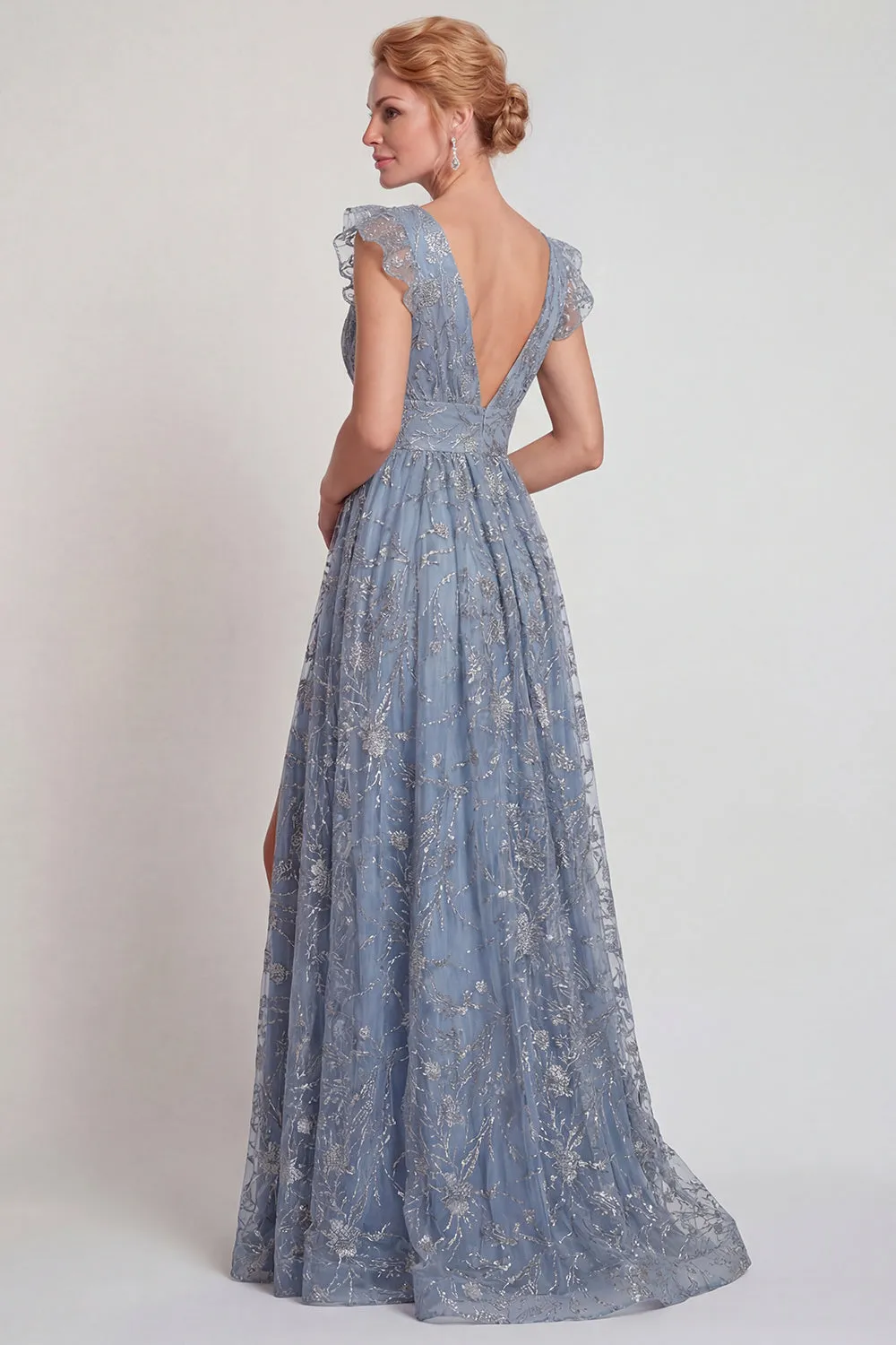 Grey Blue Appliqued V Neck A Line Mother of the Bride Dress with Slit sold by Zapaka product image thumbnail 2