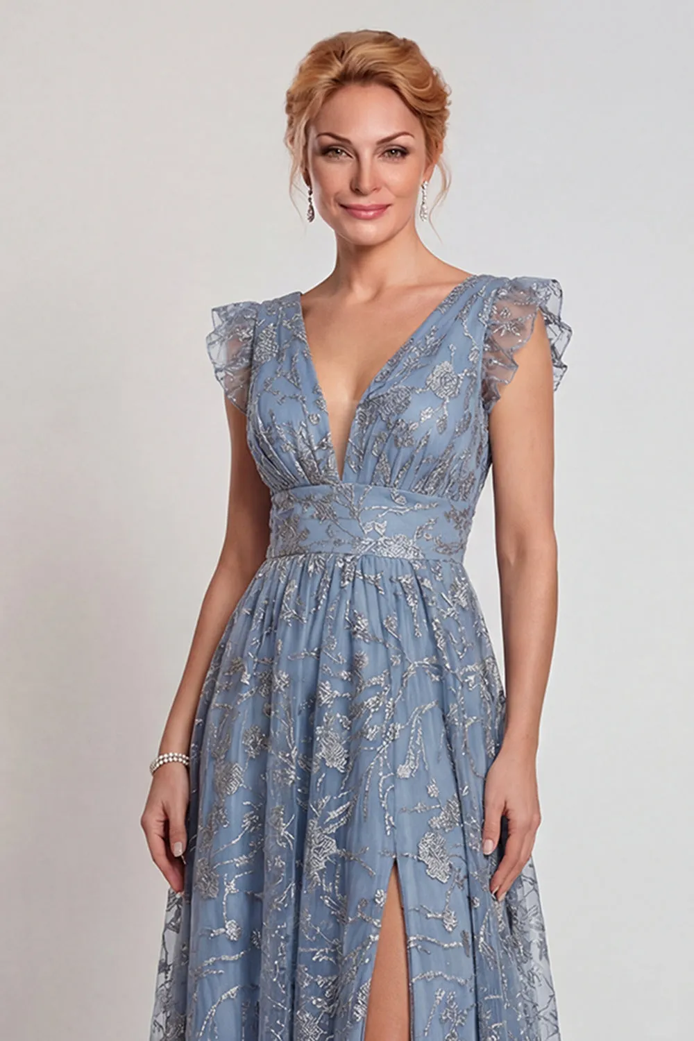 Grey Blue Appliqued V Neck A Line Mother of the Bride Dress with Slit sold by Zapaka product image thumbnail 3