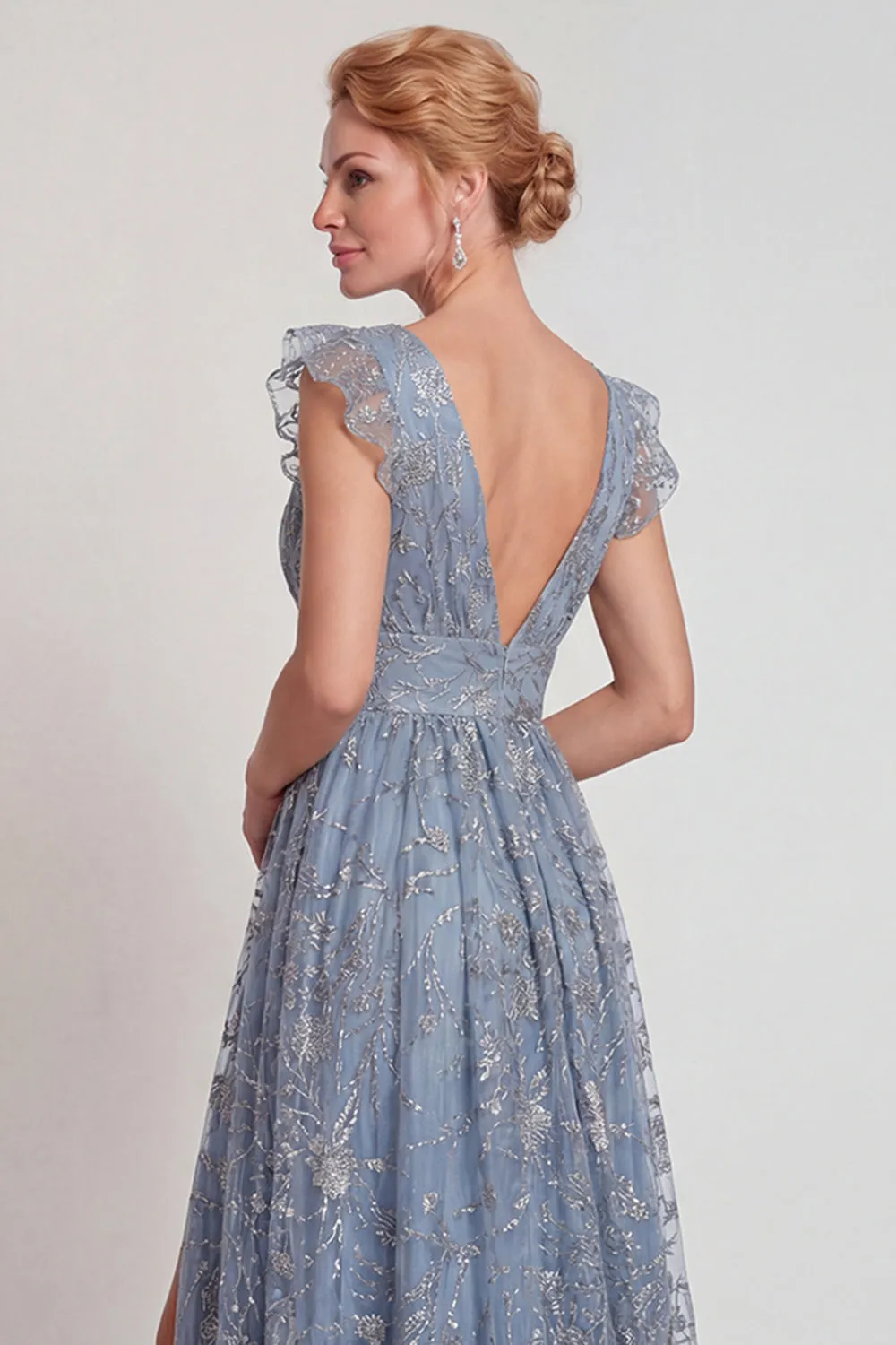 Grey Blue Appliqued V Neck A Line Mother of the Bride Dress with Slit sold by Zapaka product image thumbnail 4