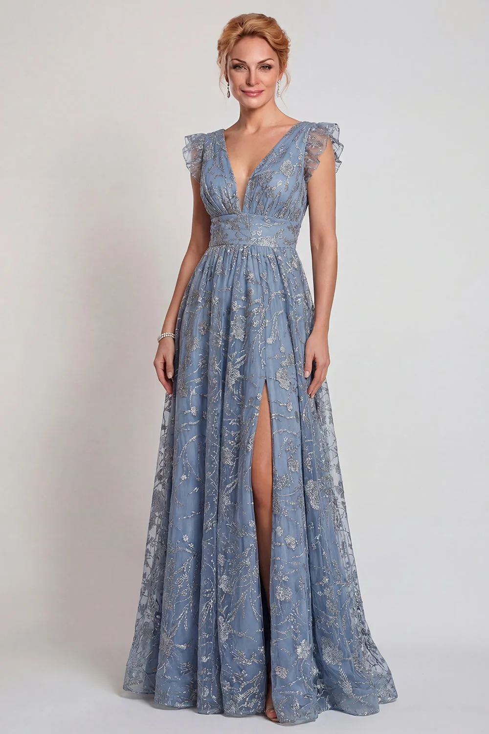 Grey Blue Appliqued V Neck A Line Mother of the Bride Dress with Slit sold by Zapaka