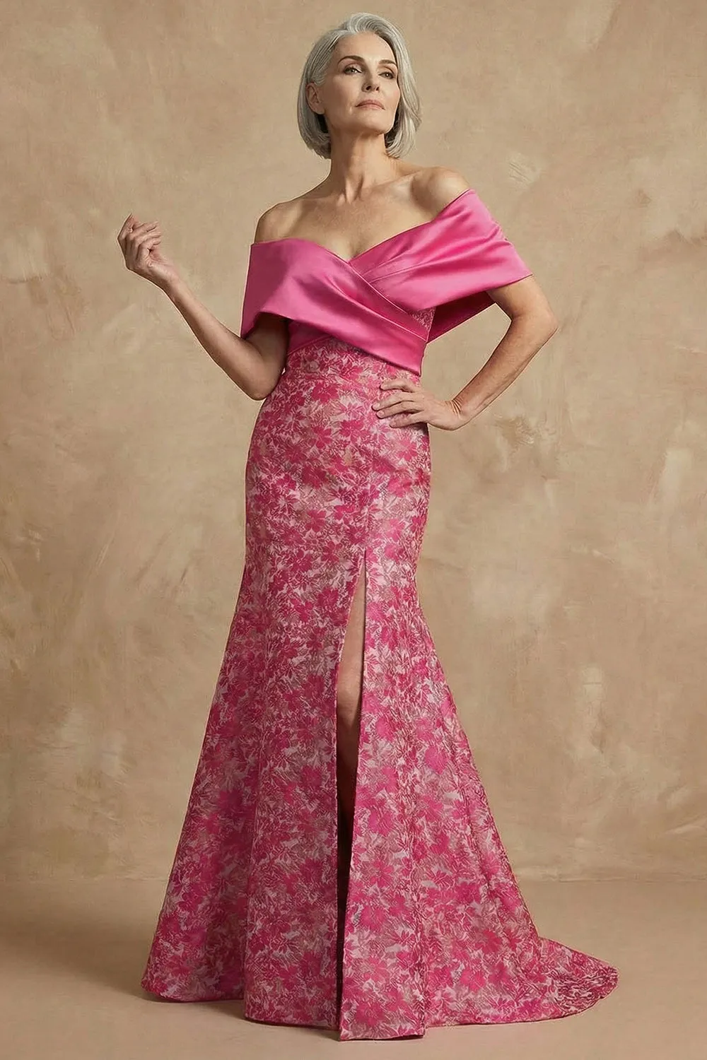 Fuchsia Floral Off The Shoulder Mermaid Long Mother of the Bride Dress with Slit sold by Zapaka product image thumbnail 4
