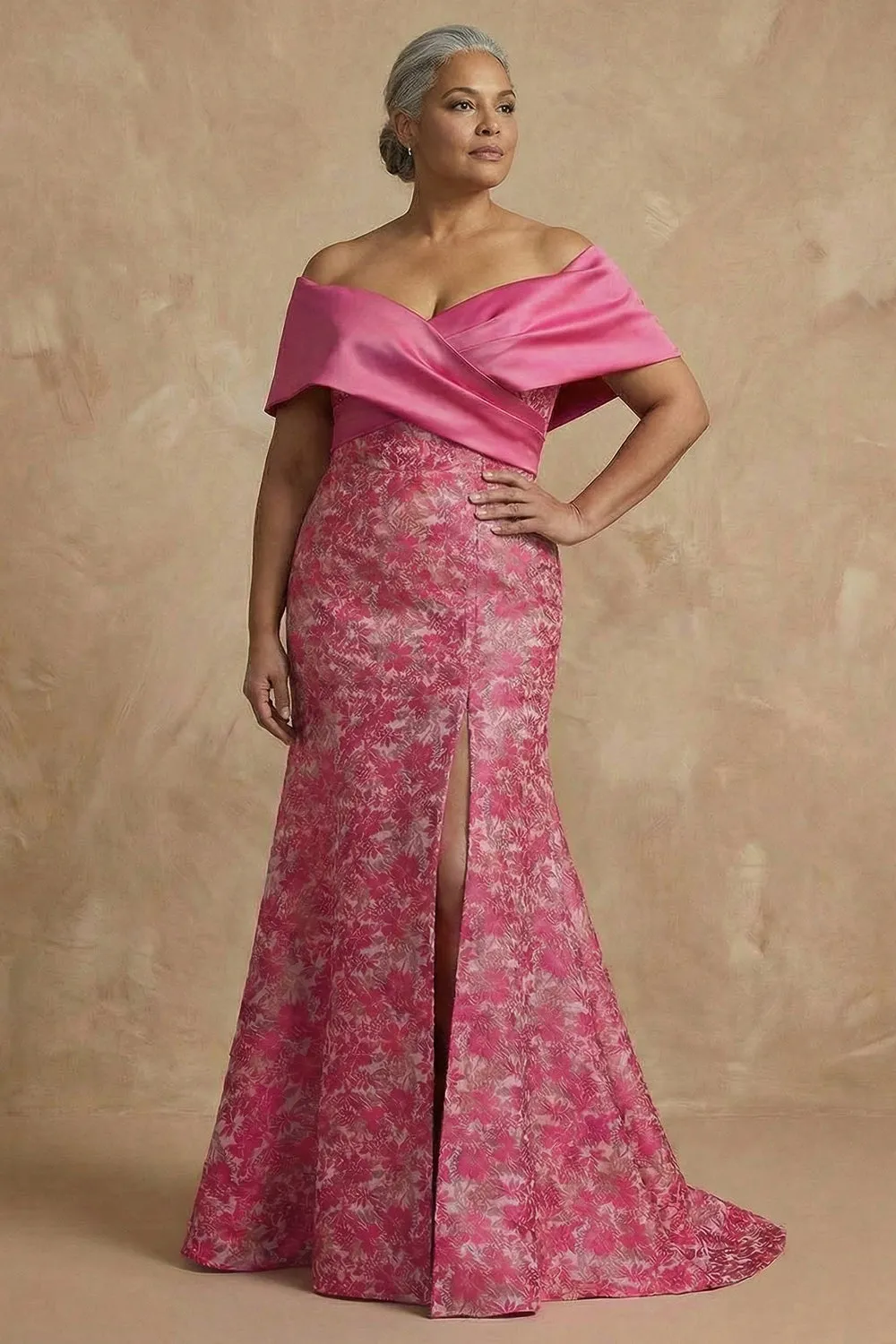 Fuchsia Floral Off The Shoulder Mermaid Long Mother of the Bride Dress with Slit sold by Zapaka product image thumbnail 2