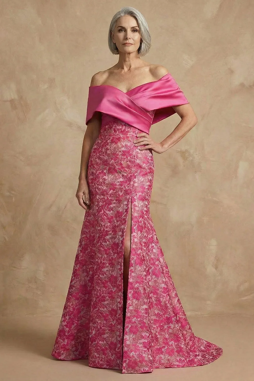 Fuchsia Floral Off The Shoulder Mermaid Long Mother of the Bride Dress with Slit sold by Zapaka