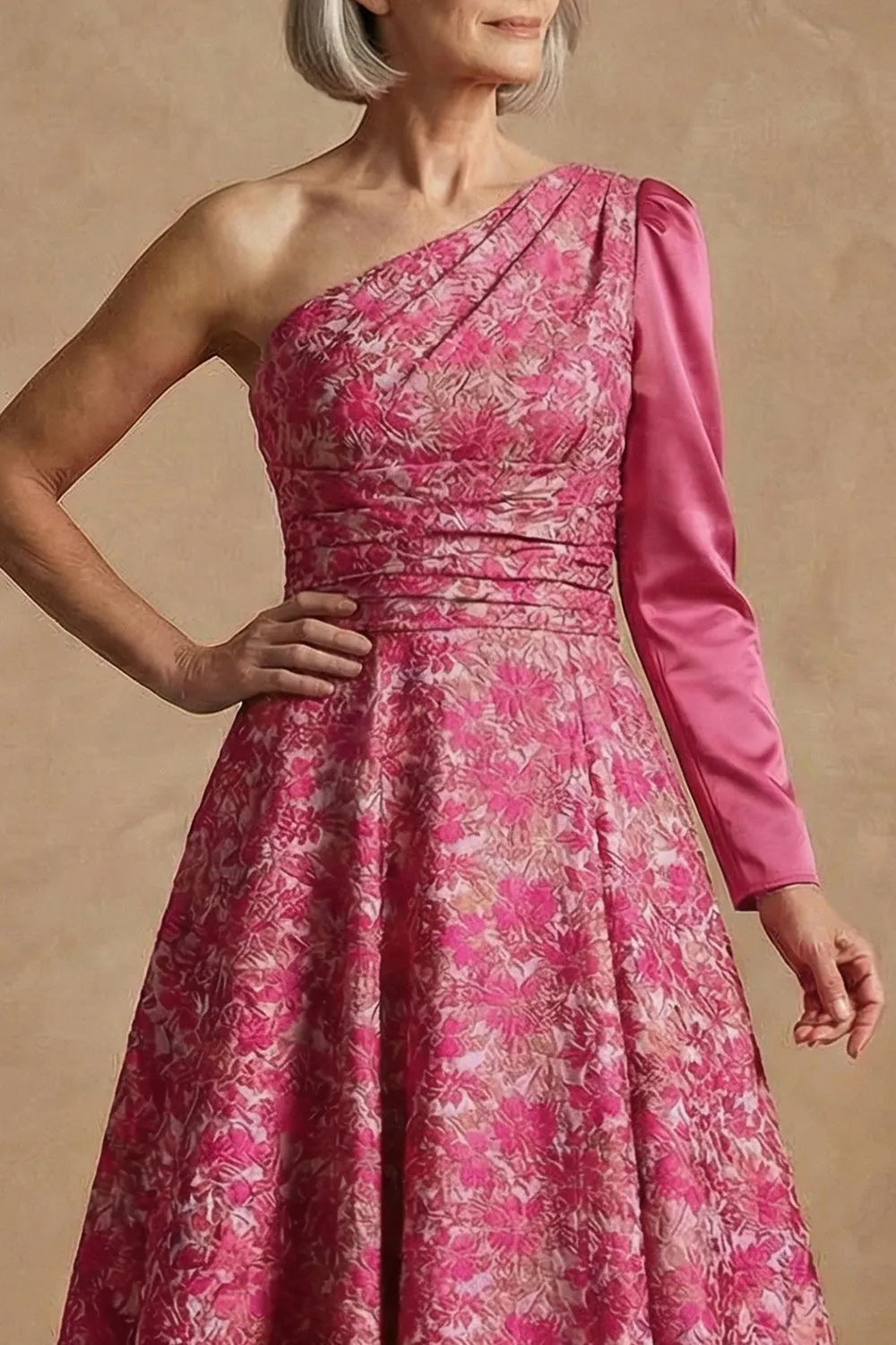 One Shoulder Fuchsia Floral A-Line Long Mother of the Bride Dress sold by Zapaka product image thumbnail 4