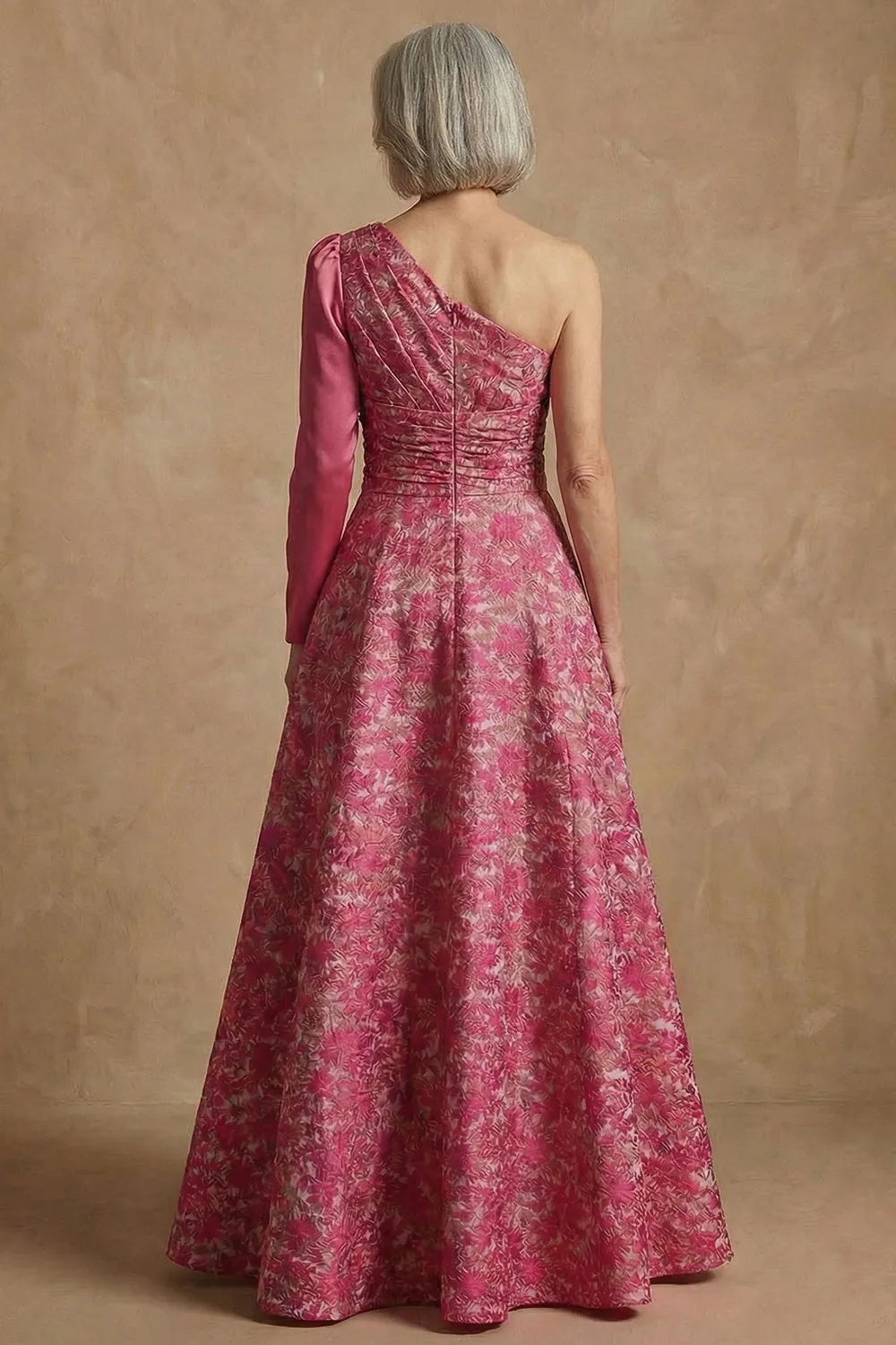 One Shoulder Fuchsia Floral A-Line Long Mother of the Bride Dress sold by Zapaka product image thumbnail 3