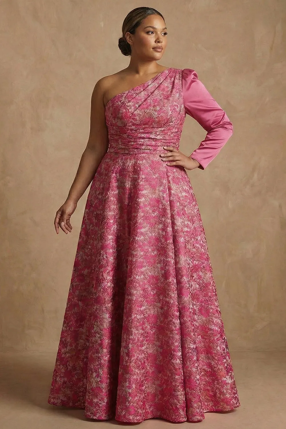 One Shoulder Fuchsia Floral A-Line Long Mother of the Bride Dress sold by Zapaka product image thumbnail 2