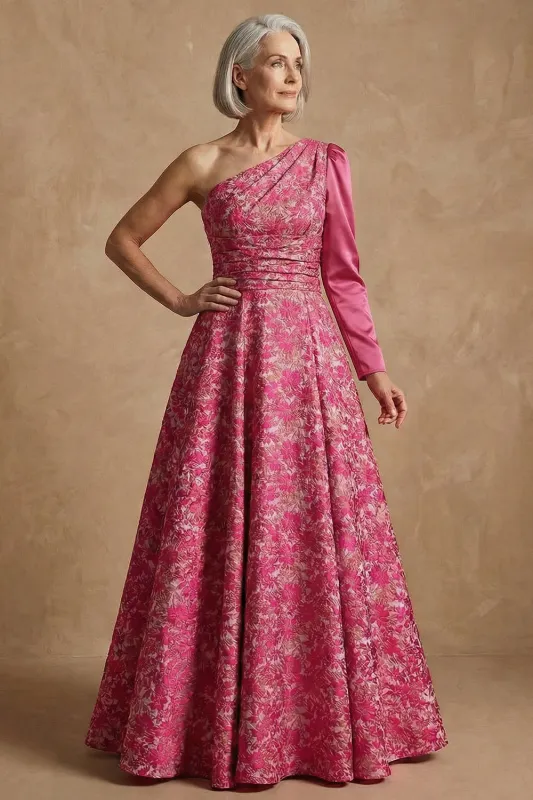One Shoulder Fuchsia Floral A-Line Long Mother of the Bride Dress sold by Zapaka