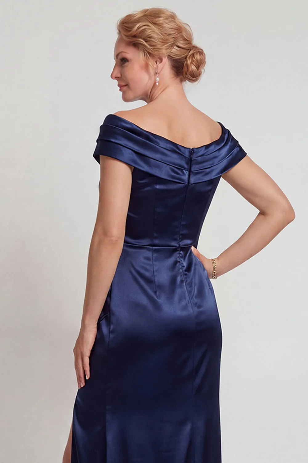 Navy Satin Off the Shoulder Sheath Mother of the Bride Dress with Slit sold by Zapaka product image thumbnail 4