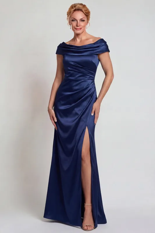Navy Satin Off the Shoulder Sheath Mother of the Bride Dress with Slit sold by Zapaka