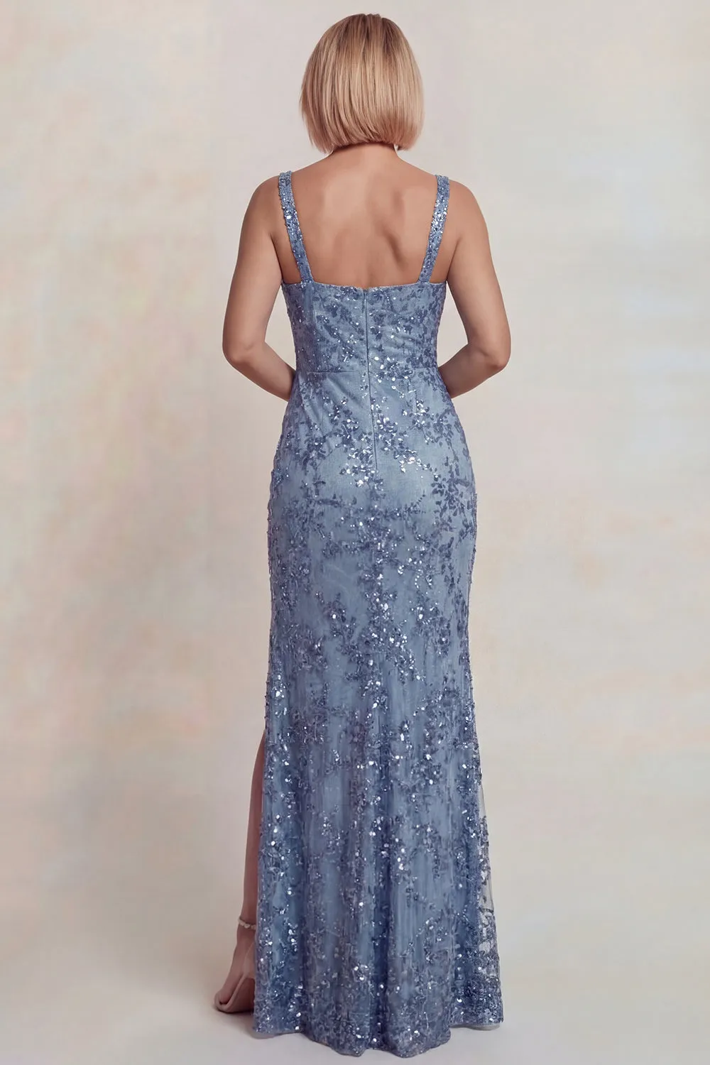 Sparkly Grey Blue Appliqued Spaghetti Straps Sheath Mother of the Bride Dress with Slit sold by Zapaka product image thumbnail 2
