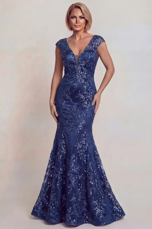 Sparkly Dark Blue Appliqued V Neck Mermaid Mother of the Bride Dress sold by Zapaka
