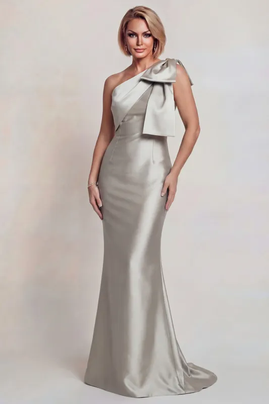 Grey Satin One Shoulder Mermaid Mother of the Bride Dress with Bowknot made by Zapaka