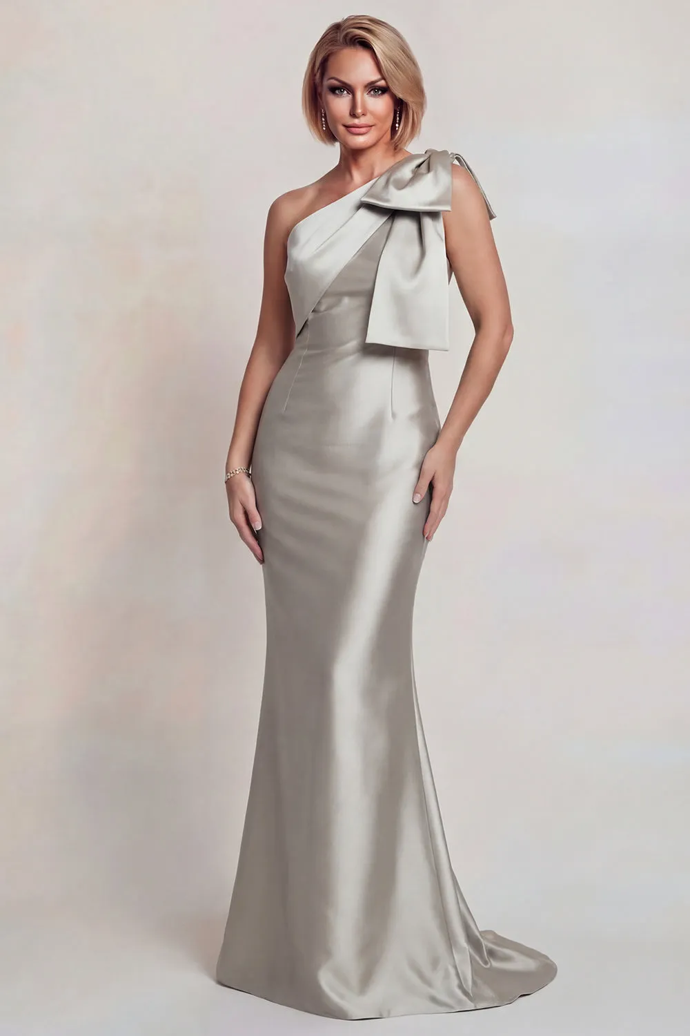 Grey Satin One Shoulder Mermaid Mother of the Bride Dress with Bowknot sold by Zapaka