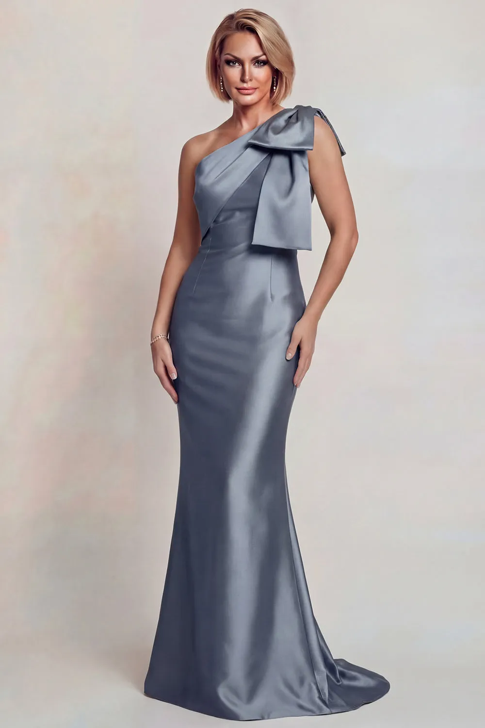 Grey Satin One Shoulder Mermaid Mother of the Bride Dress with Bowknot sold by Zapaka product image thumbnail 5