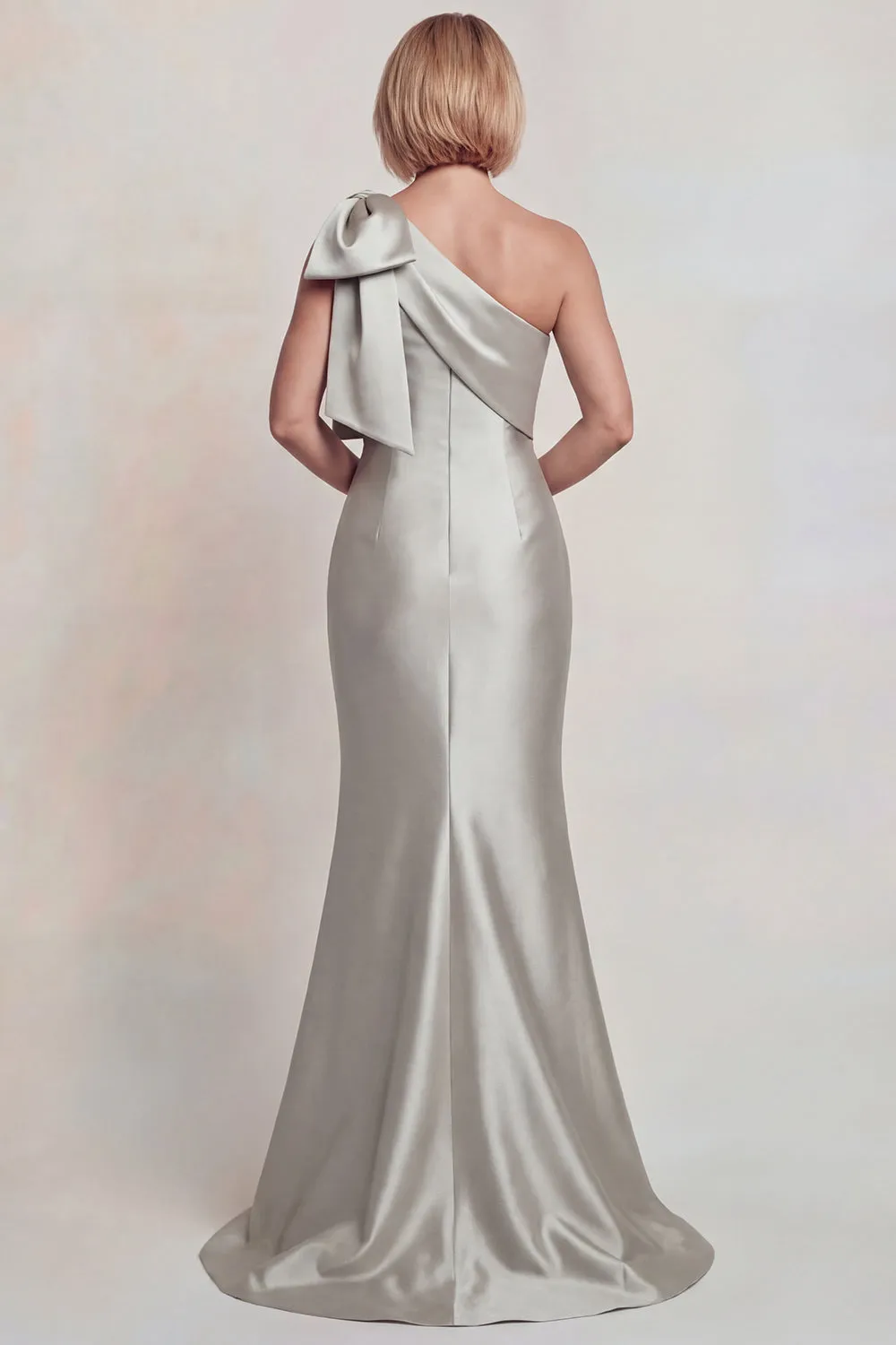 Grey Satin One Shoulder Mermaid Mother of the Bride Dress with Bowknot sold by Zapaka product image thumbnail 2