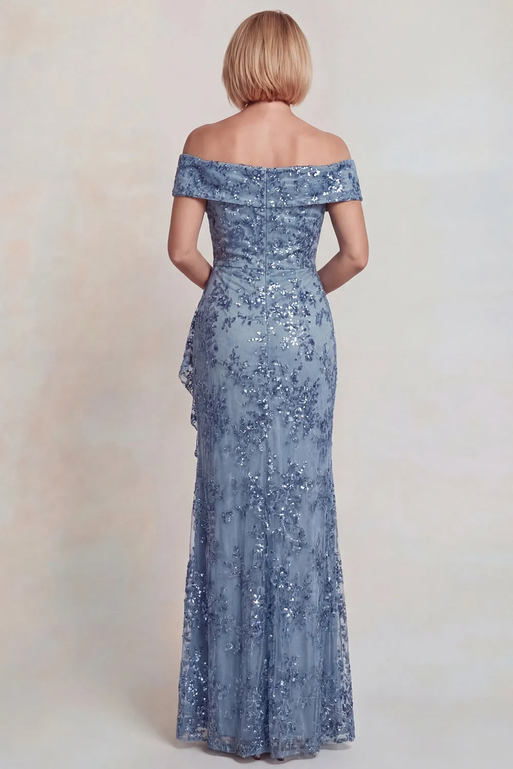 Grey Blue Sequins Off the Shoulder Mother of the Bride Dress with Ruffle Slit sold by Zapaka product image thumbnail 2