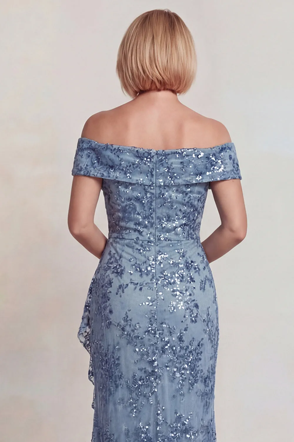 Grey Blue Sequins Off the Shoulder Mother of the Bride Dress with Ruffle Slit sold by Zapaka product image thumbnail 4