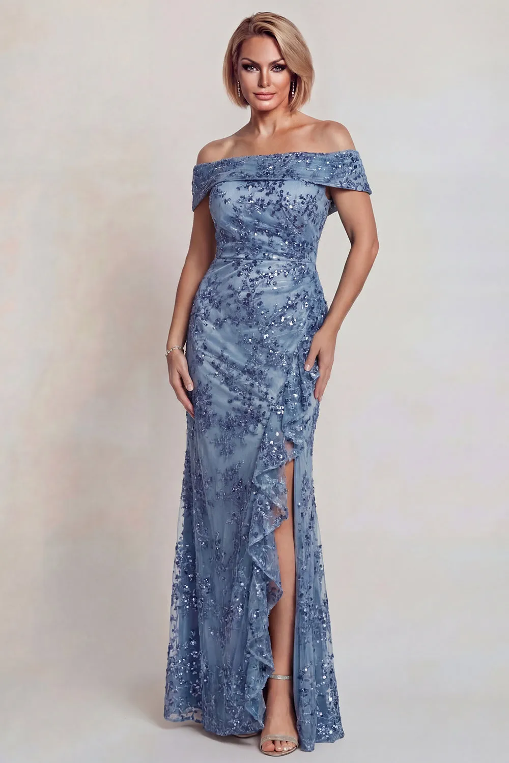 Grey Blue Sequins Off the Shoulder Mother of the Bride Dress with Ruffle Slit sold by Zapaka