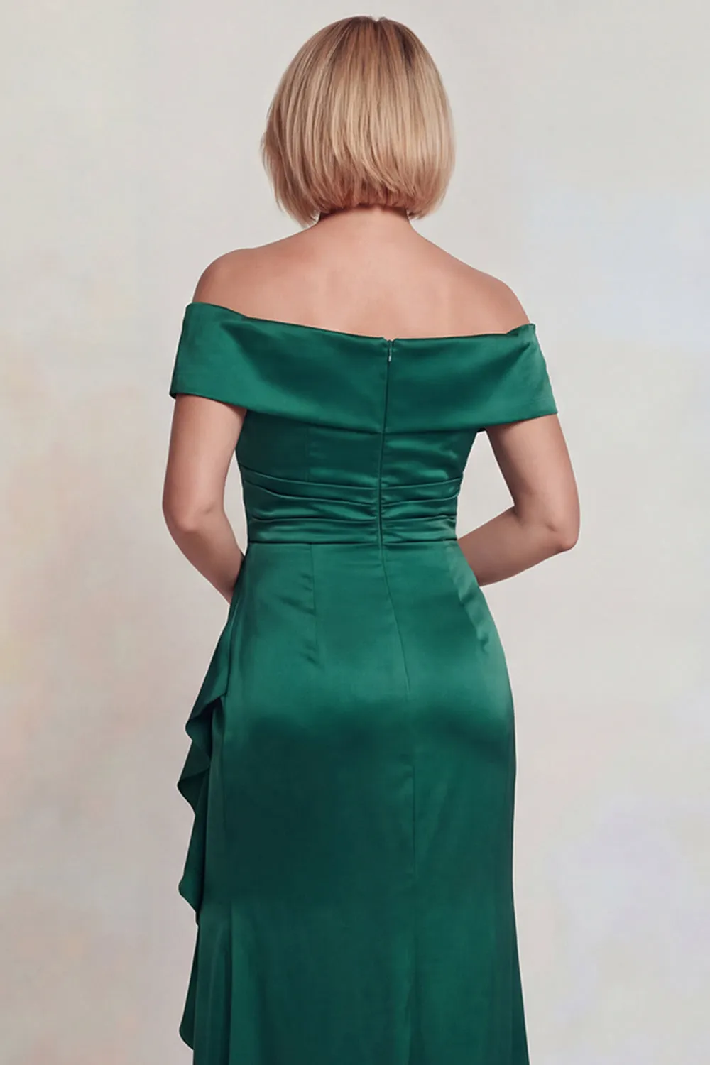 Dark Green Ruffled Off the Shoulder Sheath Satin Mother of the Bride Dress with Slit sold by Zapaka product image thumbnail 4