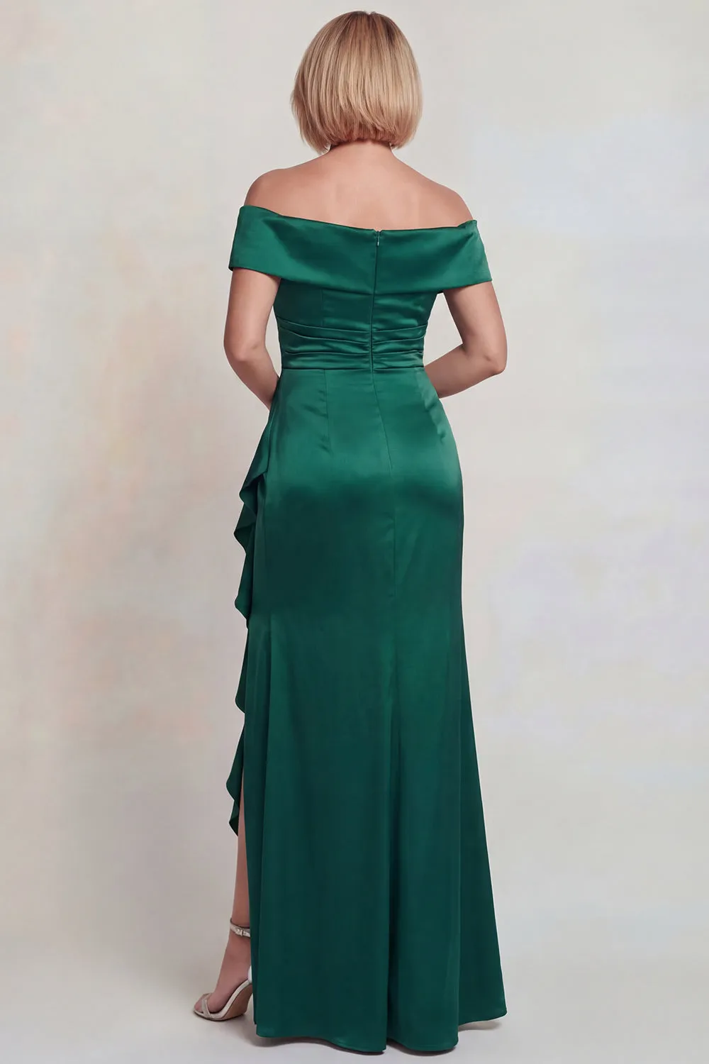Dark Green Ruffled Off the Shoulder Sheath Satin Mother of the Bride Dress with Slit sold by Zapaka product image thumbnail 2