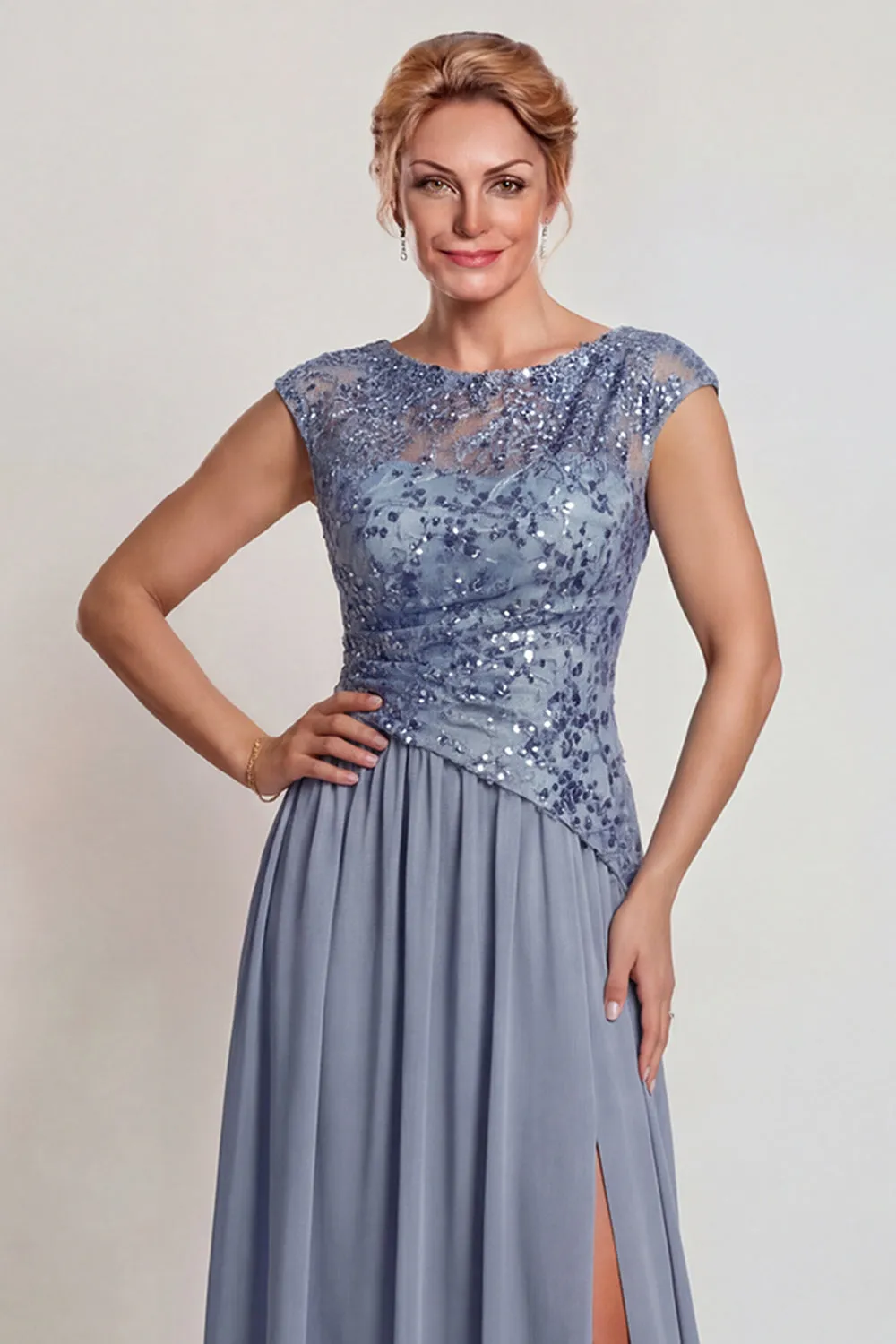 Sparkly Grey Blue Appliqued A-Line Mother of the Bride Dress with Slit sold by Zapaka product image thumbnail 3