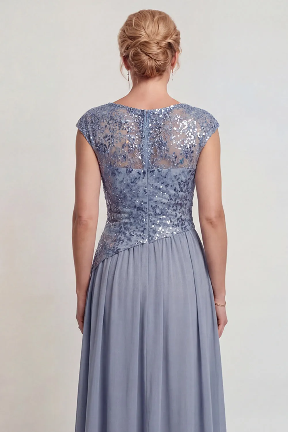 Sparkly Grey Blue Appliqued A-Line Mother of the Bride Dress with Slit sold by Zapaka product image thumbnail 4