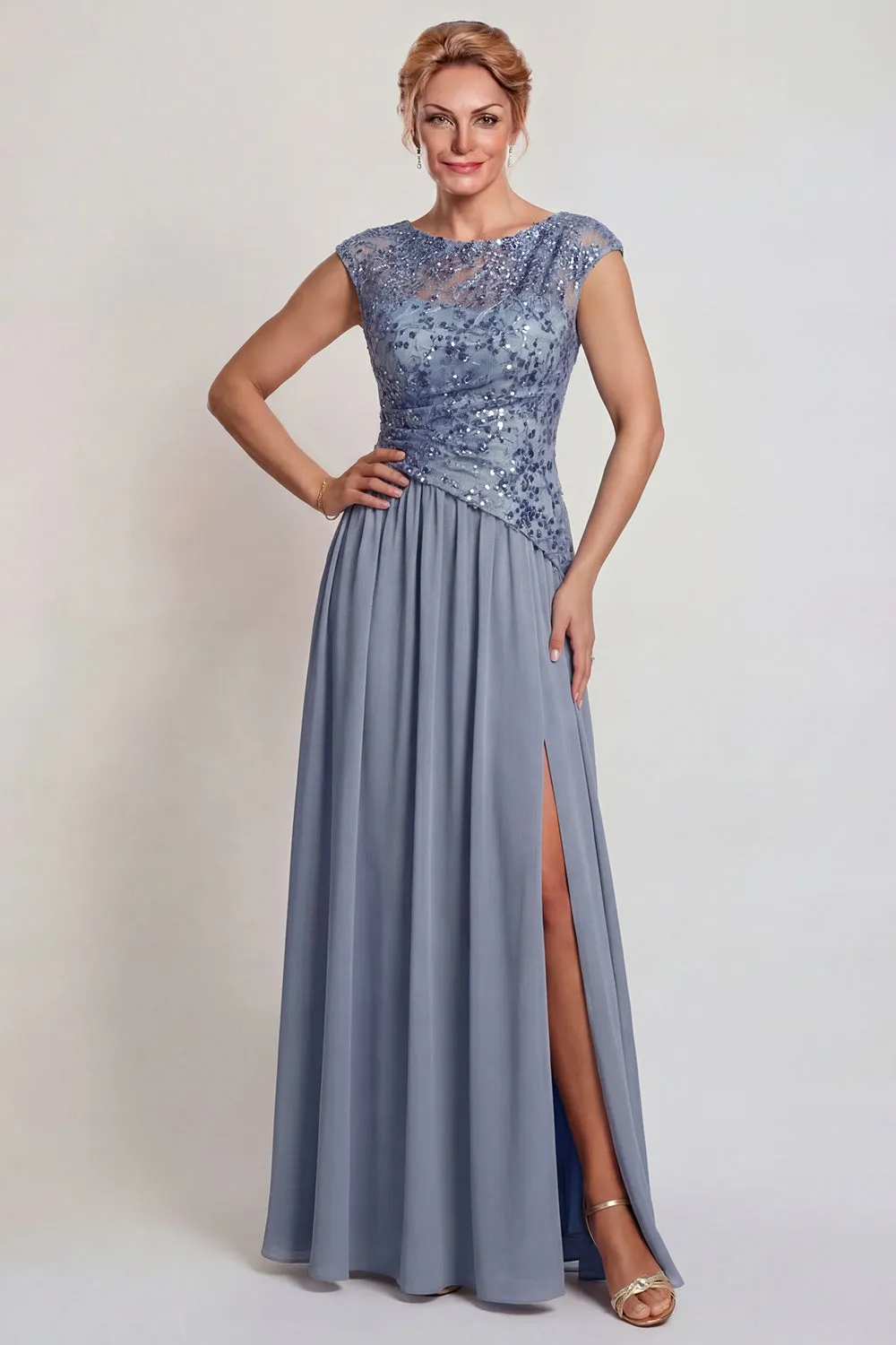 Sparkly Grey Blue Appliqued A-Line Mother of the Bride Dress with Slit sold by Zapaka