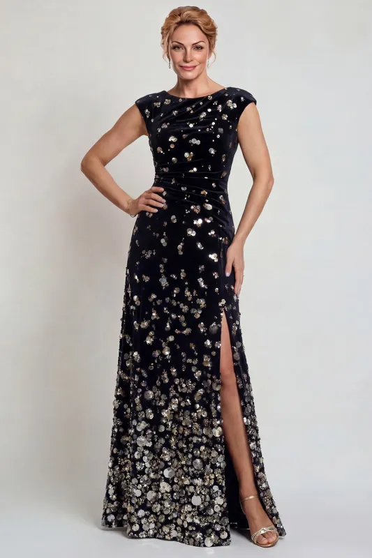 Sparkly Black Silver Bateau Neck A Line Mother of the Bride Dress with Sequins sold by Zapaka