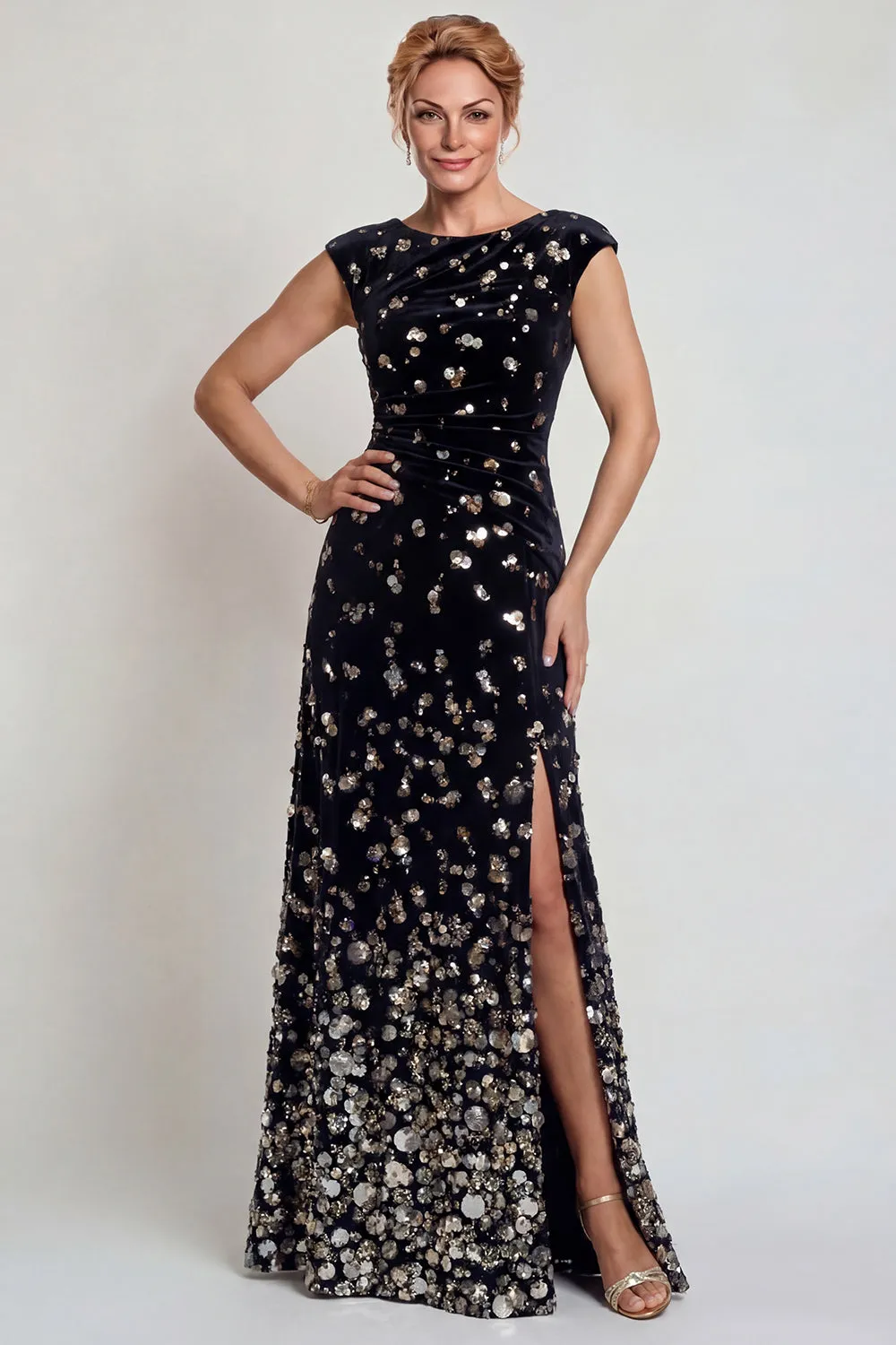 Sparkly Black Silver Bateau Neck A Line Mother of the Bride Dress with Sequins sold by Zapaka