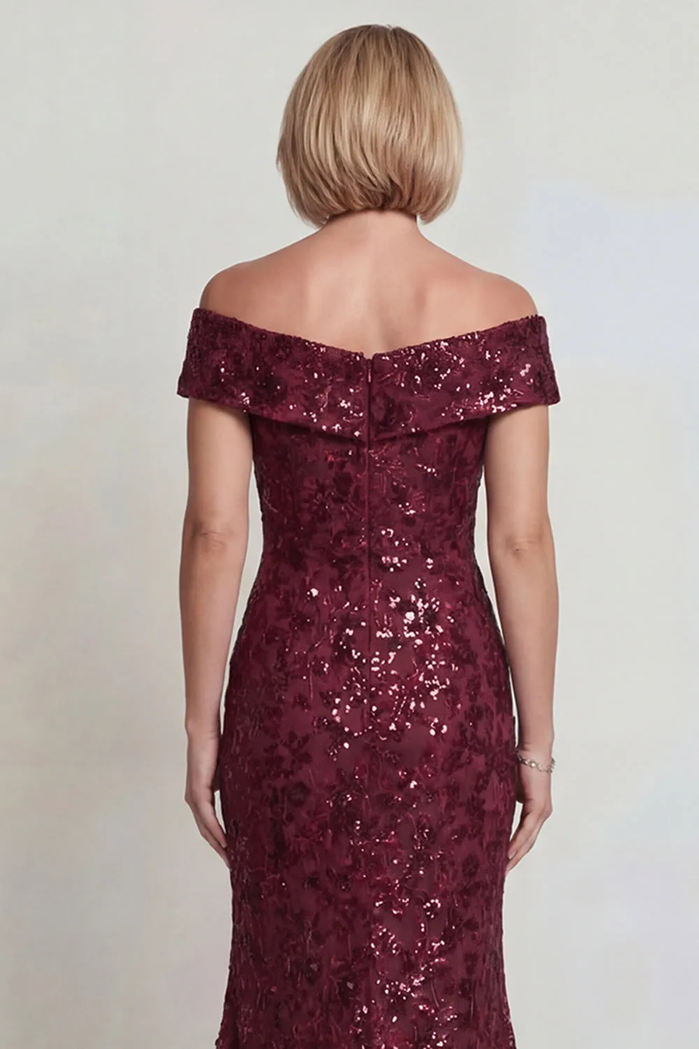 Sparkly Burgundy Off the Shoulder Mermaid Mother of the Bride Dress with Sequins sold by Zapaka product image thumbnail 4