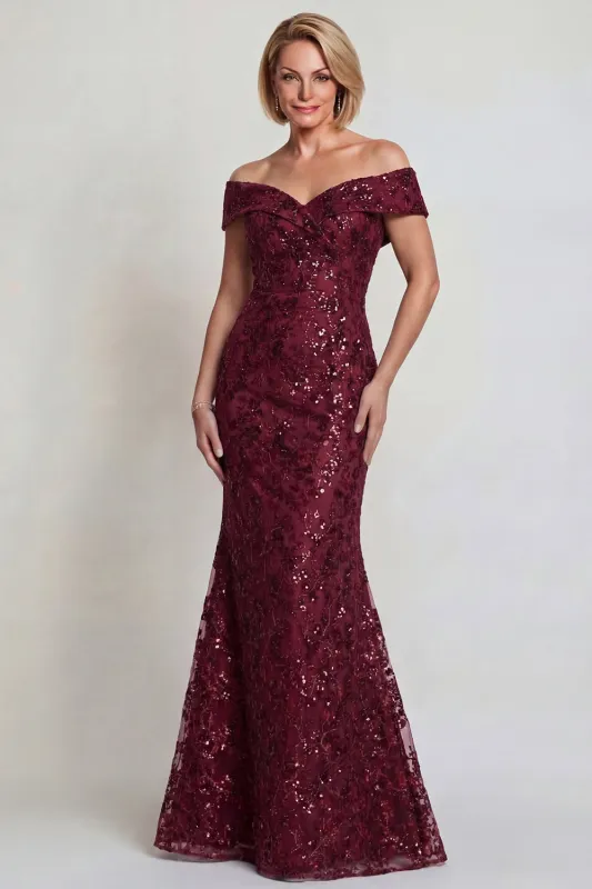 Sparkly Burgundy Off the Shoulder Mermaid Mother of the Bride Dress with Sequins sold by Zapaka