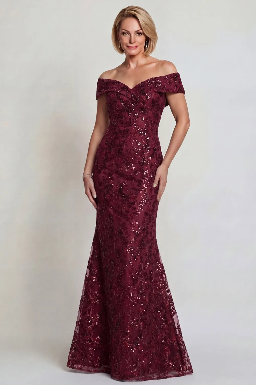 Sparkly Burgundy Off the Shoulder Mermaid Mother of the Bride Dress with Sequins sold by Zapaka