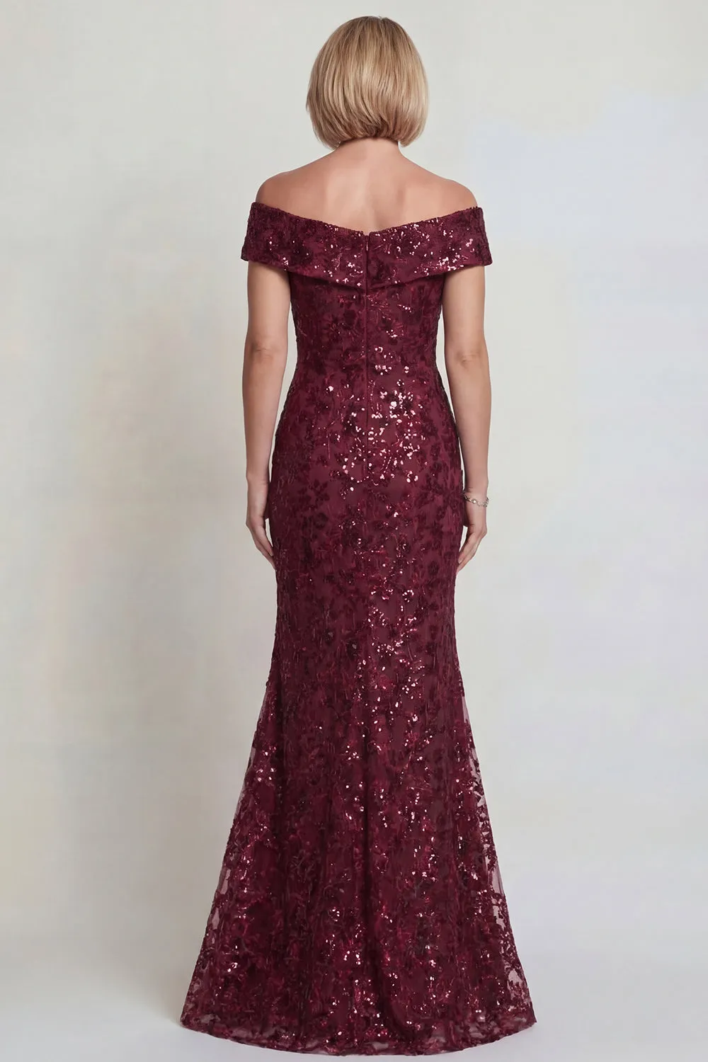 Sparkly Burgundy Off the Shoulder Mermaid Mother of the Bride Dress with Sequins sold by Zapaka product image thumbnail 2