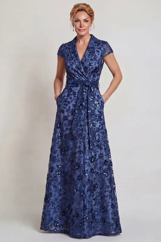Dark Blue Appliqued V Neck A-Line Long Mother of the Bride Dress sold by Zapaka