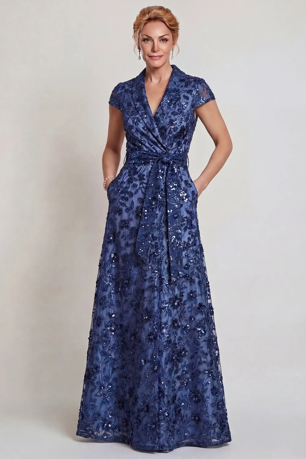 Dark Blue Appliqued V Neck A-Line Long Mother of the Bride Dress sold by Zapaka