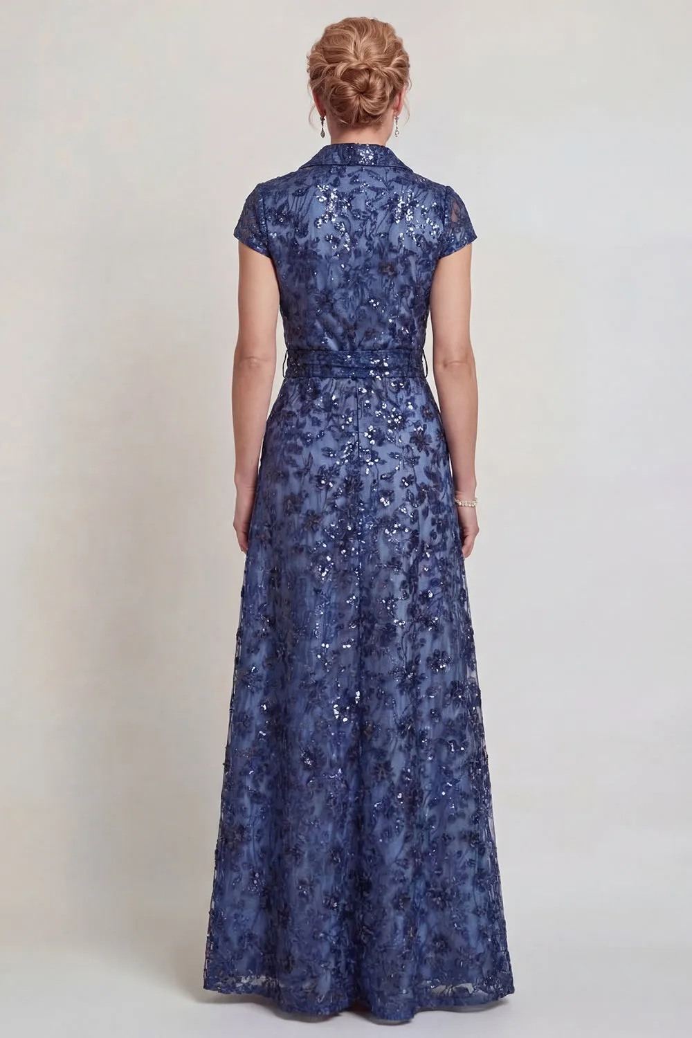 Dark Blue Appliqued V Neck A-Line Long Mother of the Bride Dress sold by Zapaka product image thumbnail 2