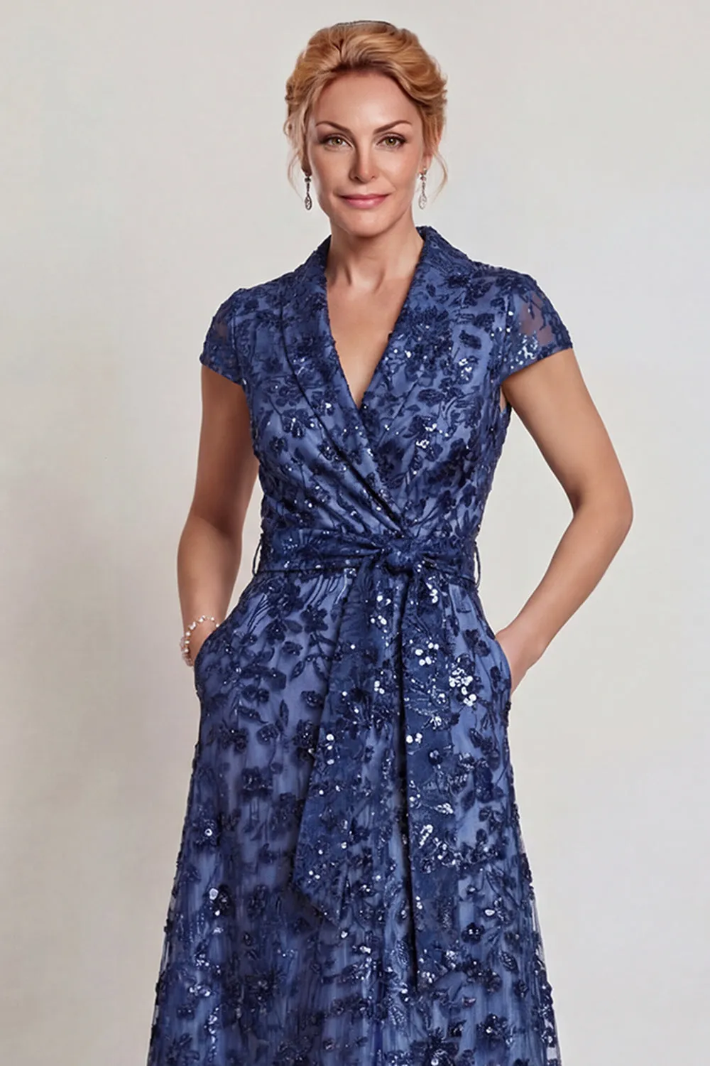 Dark Blue Appliqued V Neck A-Line Long Mother of the Bride Dress sold by Zapaka product image thumbnail 3