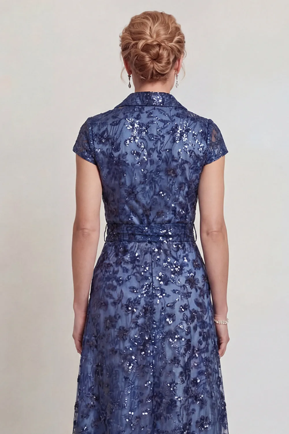 Dark Blue Appliqued V Neck A-Line Long Mother of the Bride Dress sold by Zapaka product image thumbnail 4
