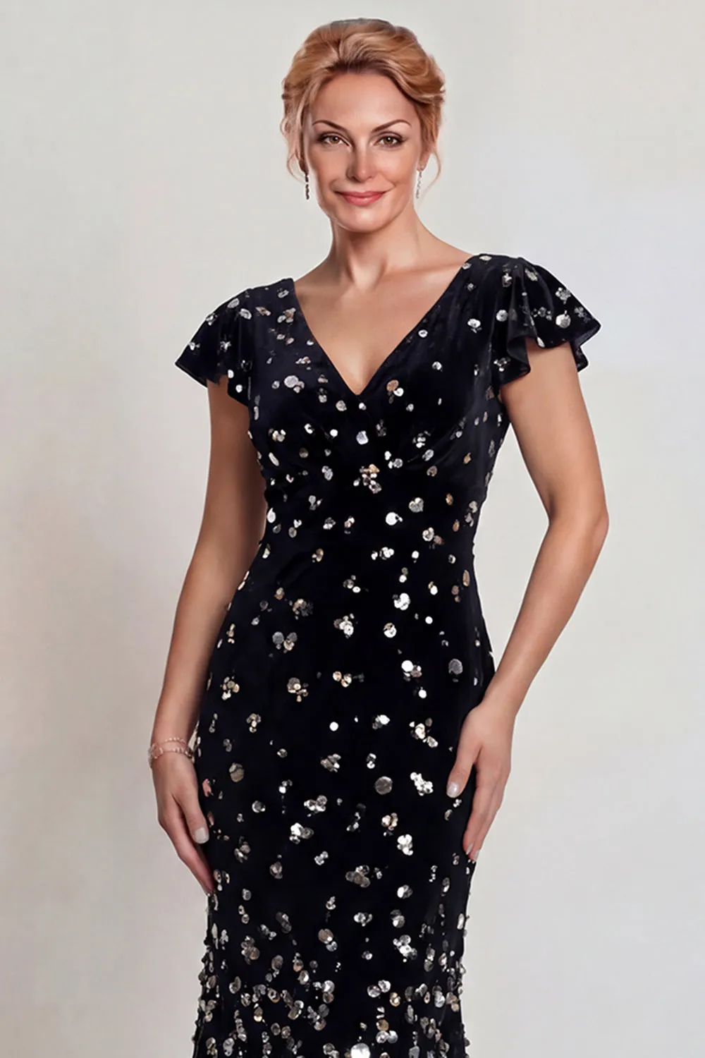 Sparkly Black Silver V Neck Mermaid Mother of the Bride Dress with Sequins sold by Zapaka product image thumbnail 3