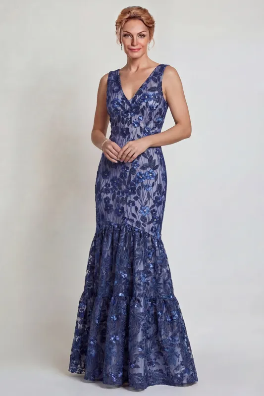 Dark Navy Flower Appliqued V Neck Mermaid Mother of the Bride Dress sold by Zapaka