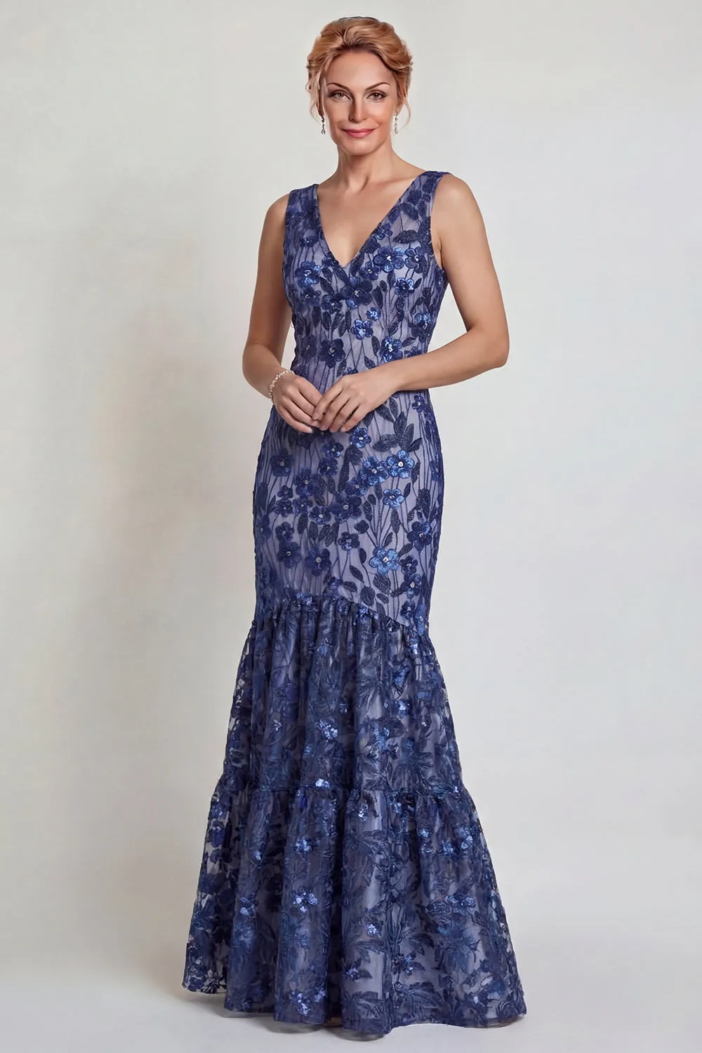 Dark Navy Flower Appliqued V Neck Mermaid Mother of the Bride Dress sold by Zapaka