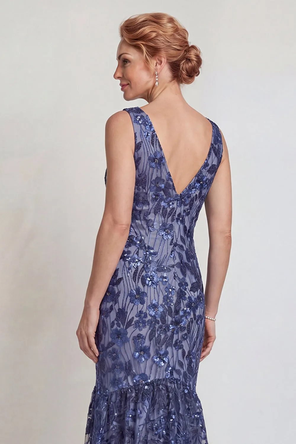 Dark Navy Flower Appliqued V Neck Mermaid Mother of the Bride Dress sold by Zapaka product image thumbnail 4