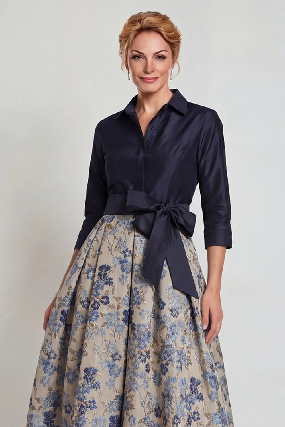 Navy Jacquard 3/4 Sleeves A-Line Long Mother of the Bride Dress with Bowknot sold by Zapaka product image thumbnail 3