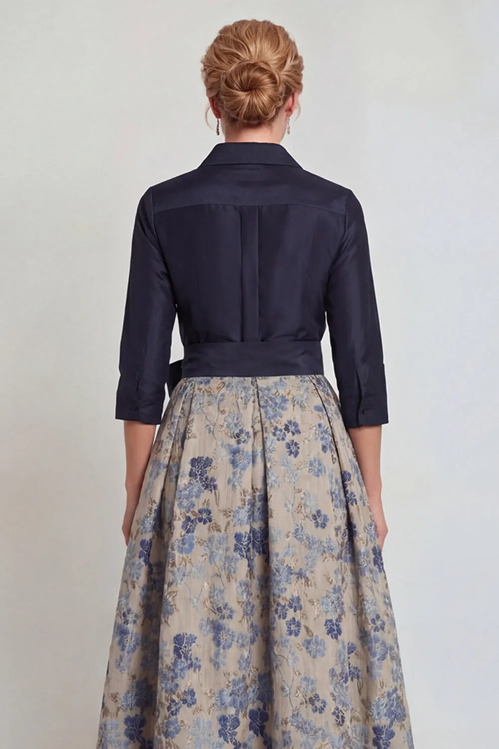 Navy Jacquard 3/4 Sleeves A-Line Long Mother of the Bride Dress with Bowknot sold by Zapaka product image thumbnail 4