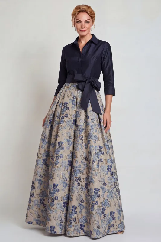 Navy Jacquard 3/4 Sleeves A-Line Long Mother of the Bride Dress with Bowknot sold by Zapaka