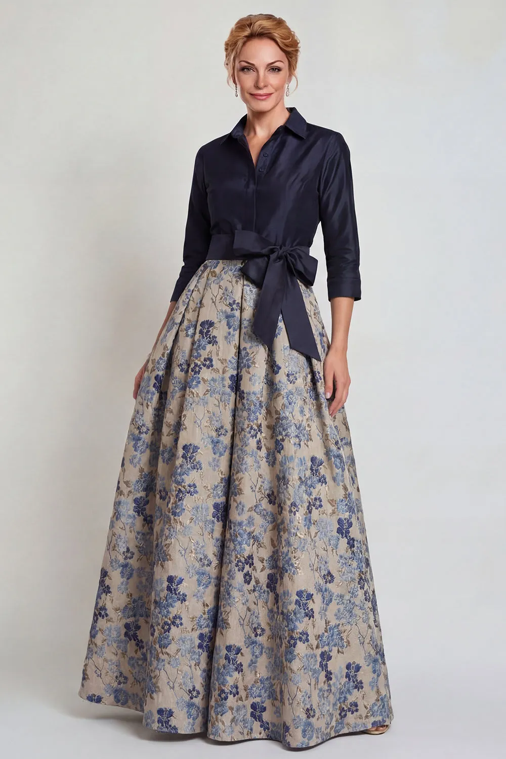 Navy Jacquard 3/4 Sleeves A-Line Long Mother of the Bride Dress with Bowknot sold by Zapaka