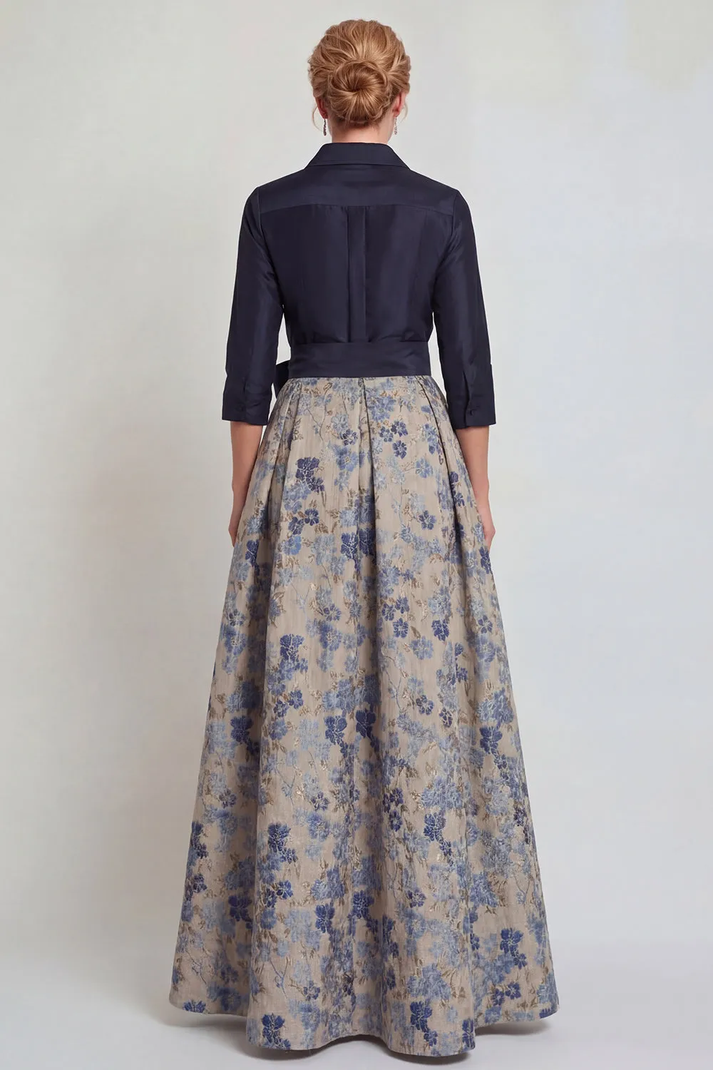 Navy Jacquard 3/4 Sleeves A-Line Long Mother of the Bride Dress with Bowknot sold by Zapaka product image thumbnail 2