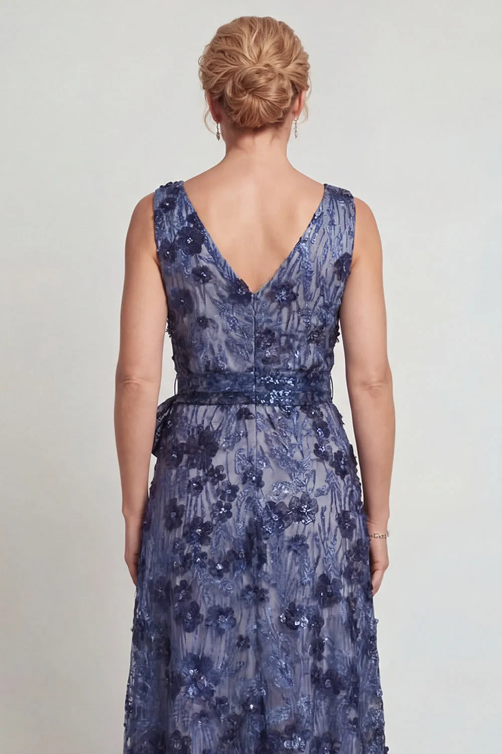 Dark Blue Flower V Neck A-Line Long Mother of the Bride Dress with Bowknot sold by Zapaka product image thumbnail 4